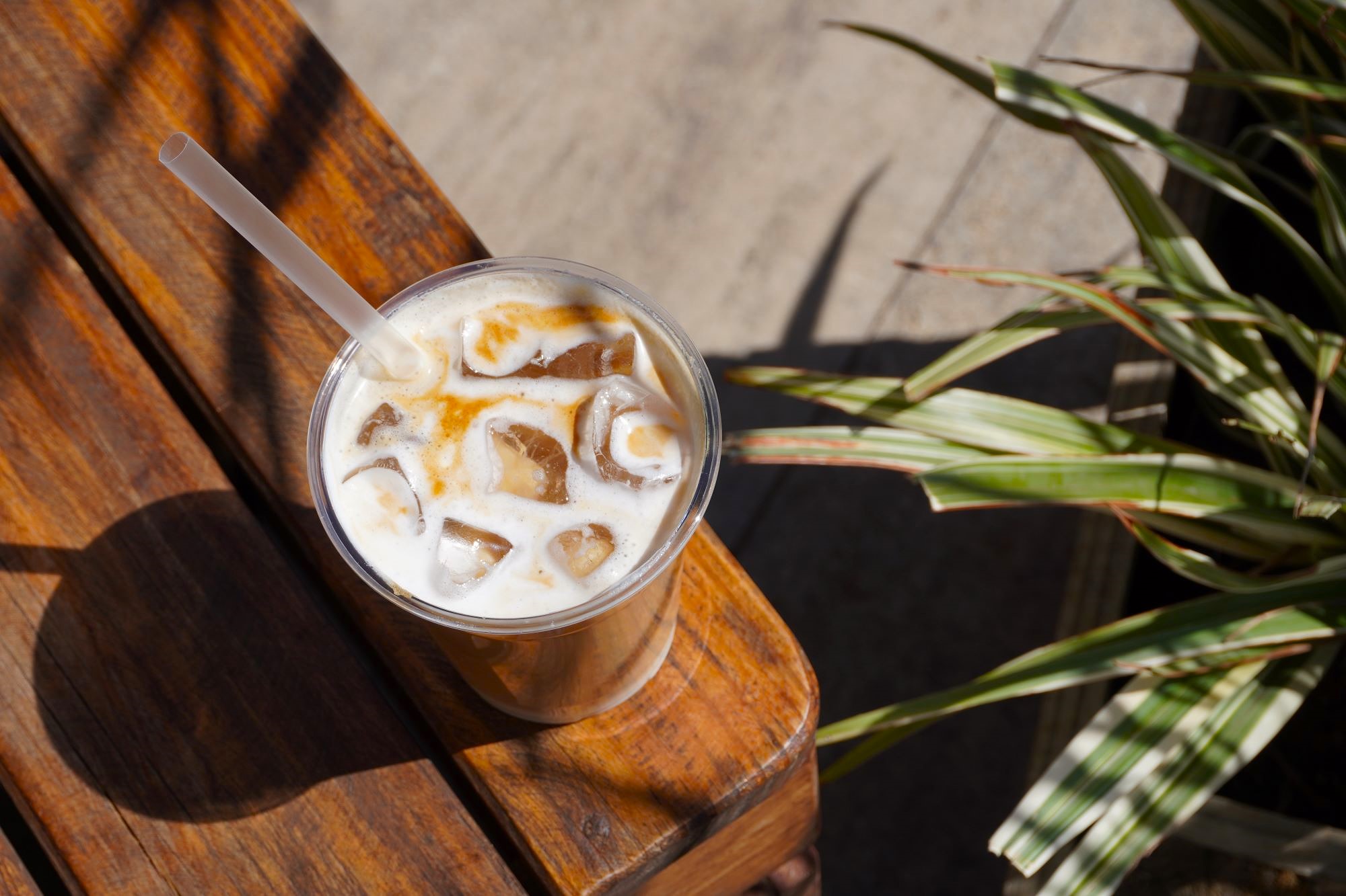 top view of an iced latte on the corner of a wooden table in the sun. green leaves of a plant feature behind it.